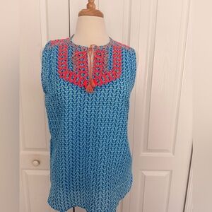 J.Crew Blue Embroidered Cotton Silk Top Size 8 Tassel Tie Sleeveless